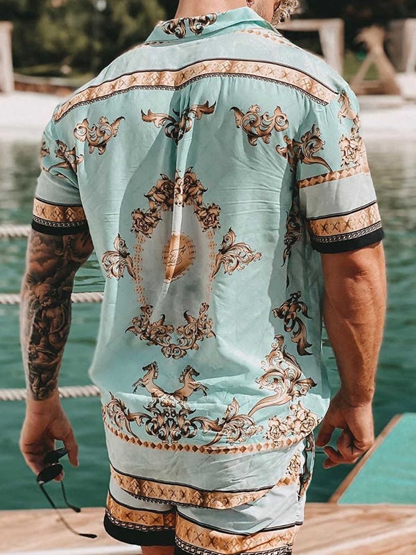 新款时尚夏威夷衬衫套装男士印花套装短袖夏季休闲花卉衬衫海滩两件套男士套装S-3XL